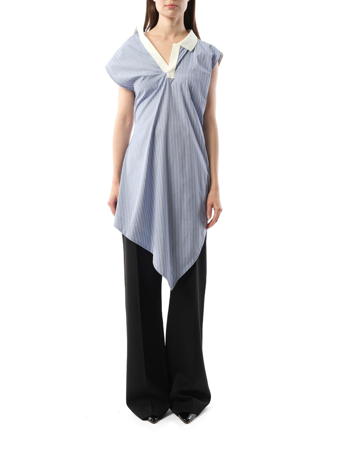 Cotton Poplin Polo Shirt in Light Blue Stripe