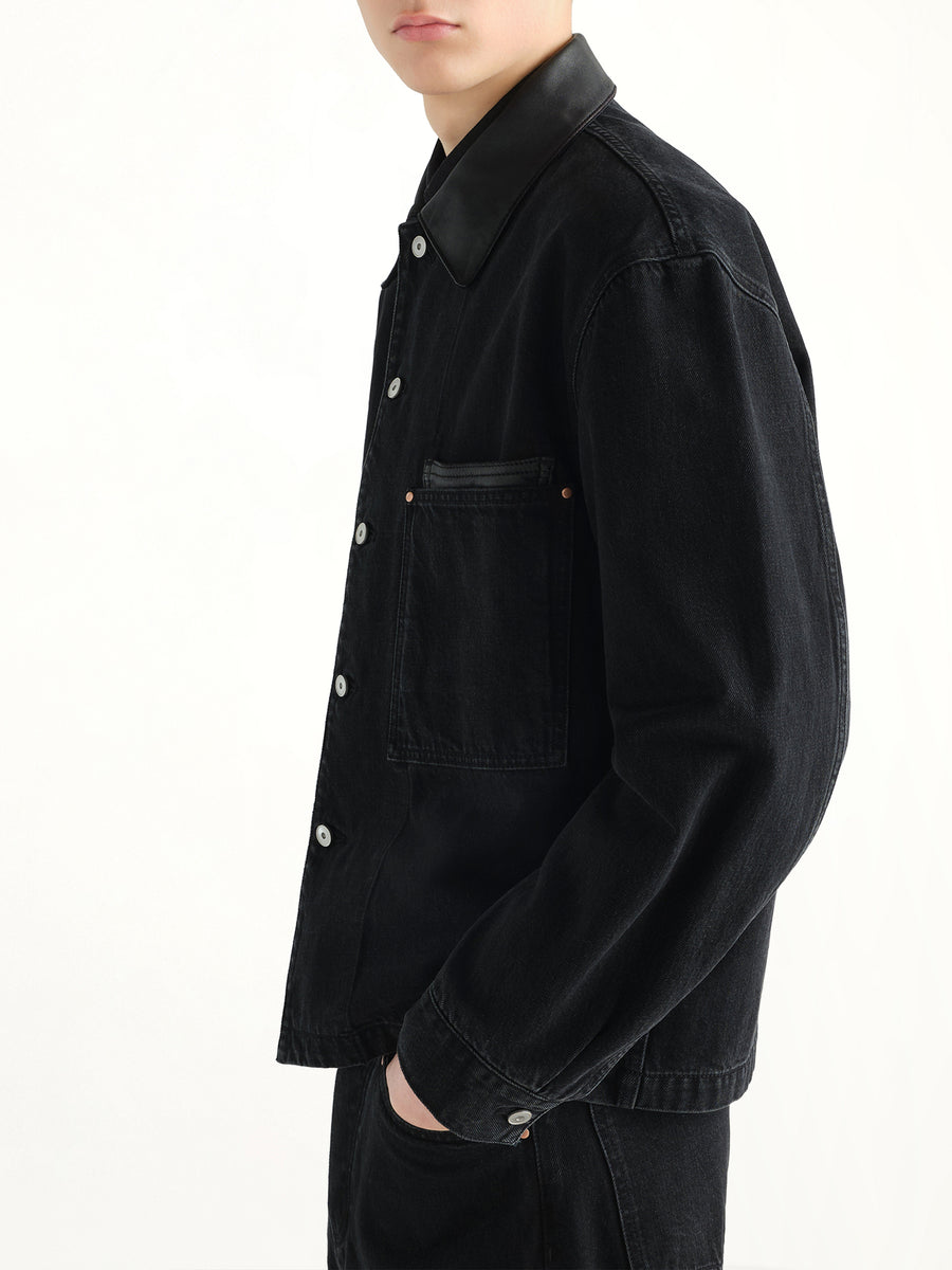 Workwear Overshirt With Leather Collar in Black