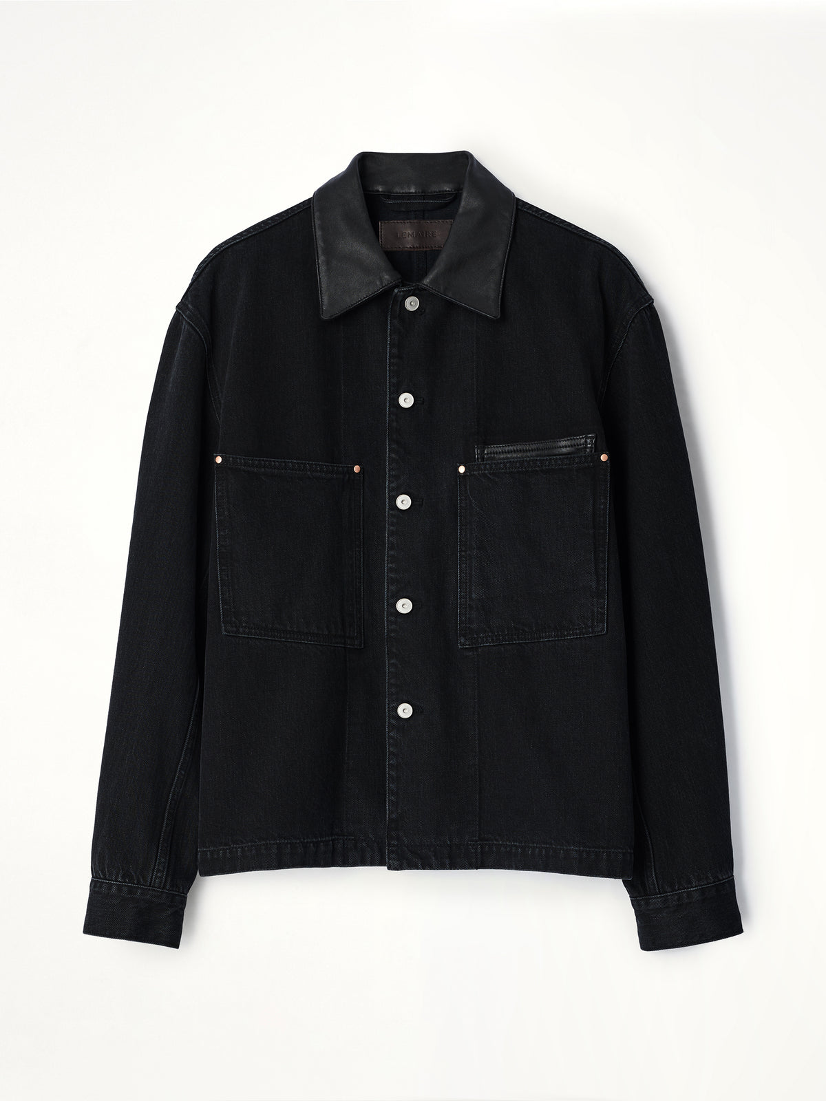 Workwear Overshirt With Leather Collar in Black