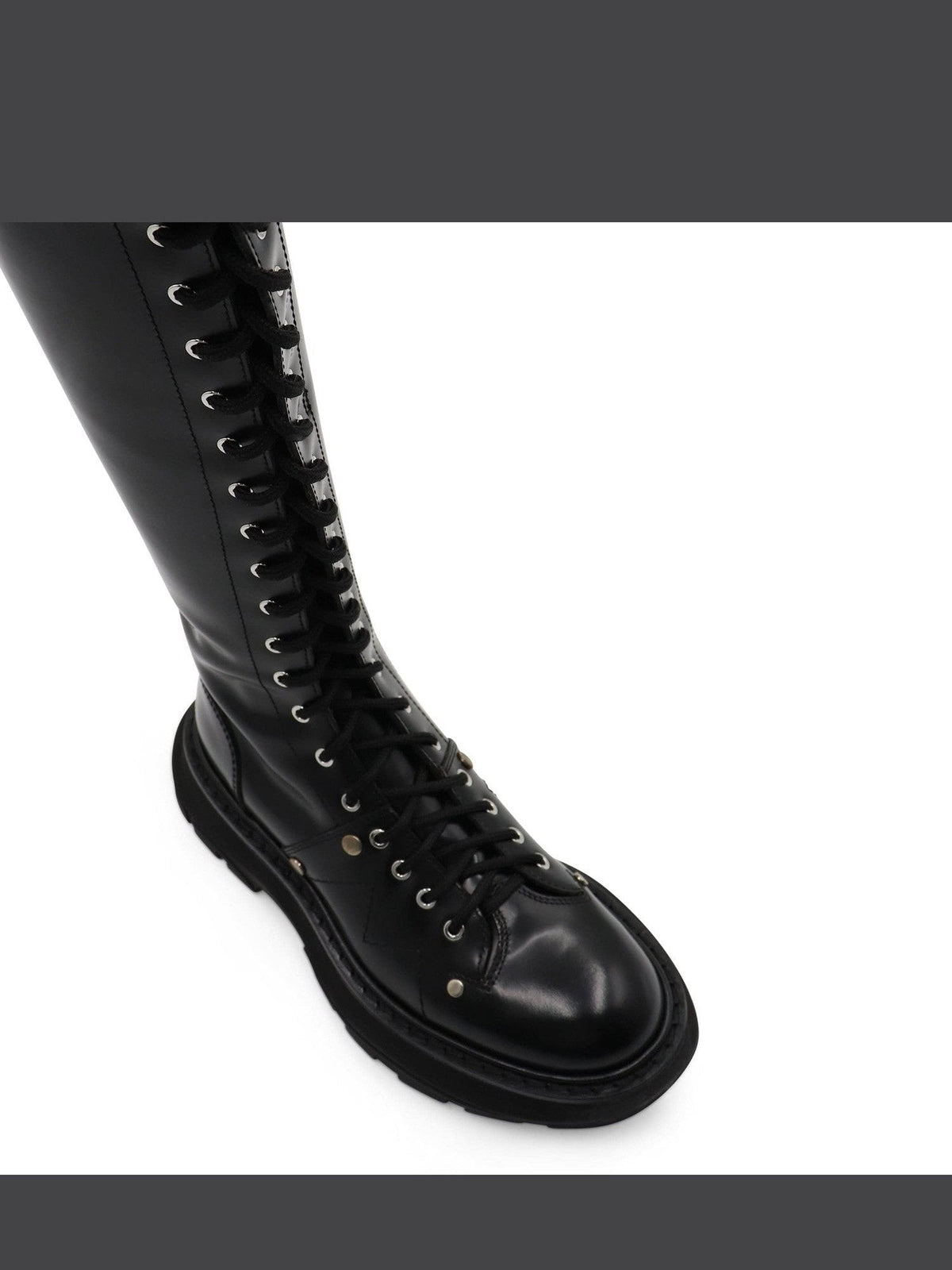 Tread Knee High Lace Up Boots in Black Top View | ALEXANDER MCQUEEN