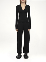 Hooded V-Neck Long Sleeve Top in Black