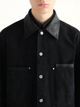 Workwear Overshirt With Leather Collar in Black
