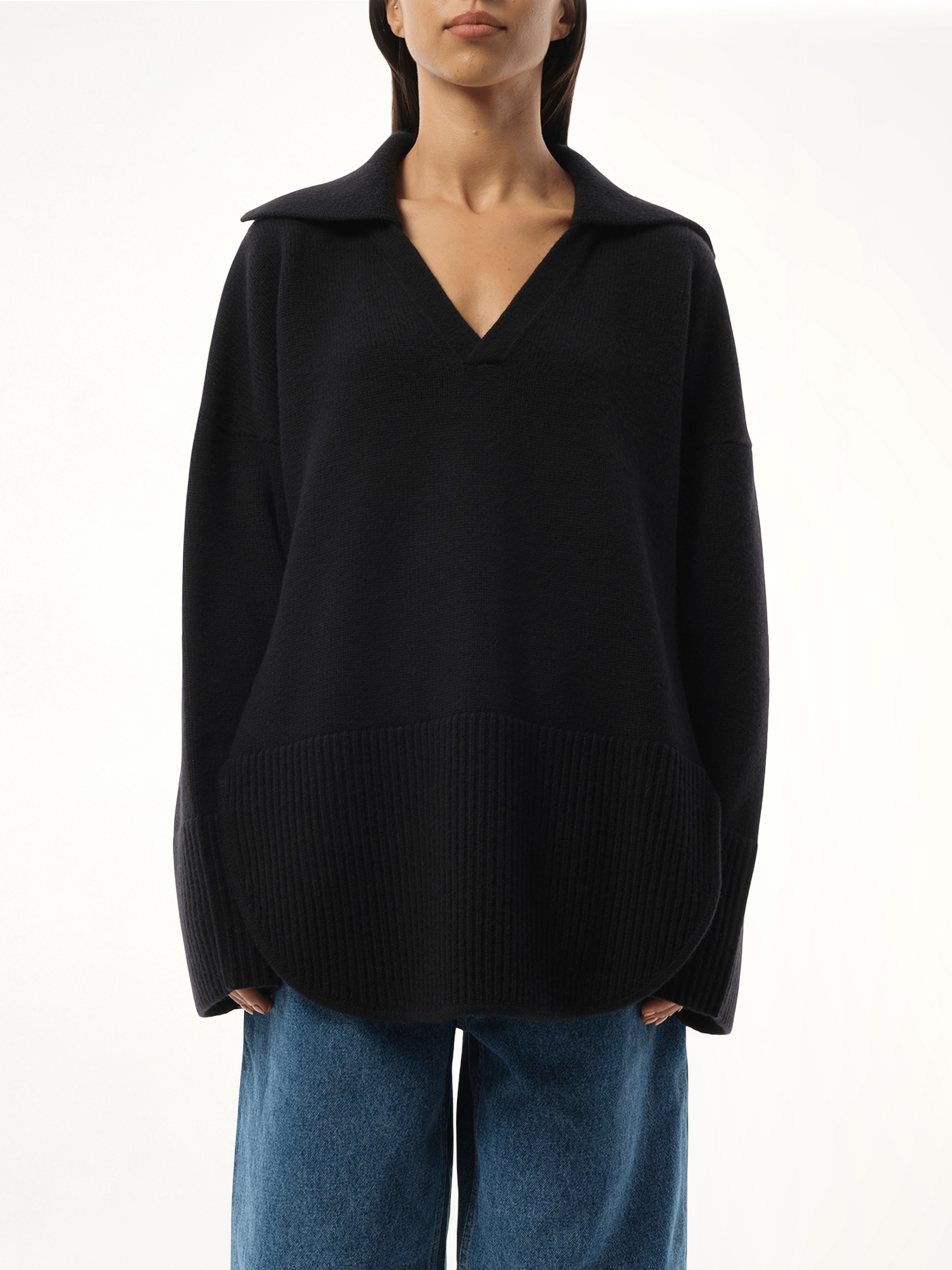 V-Neck Polo Sweater in Black
