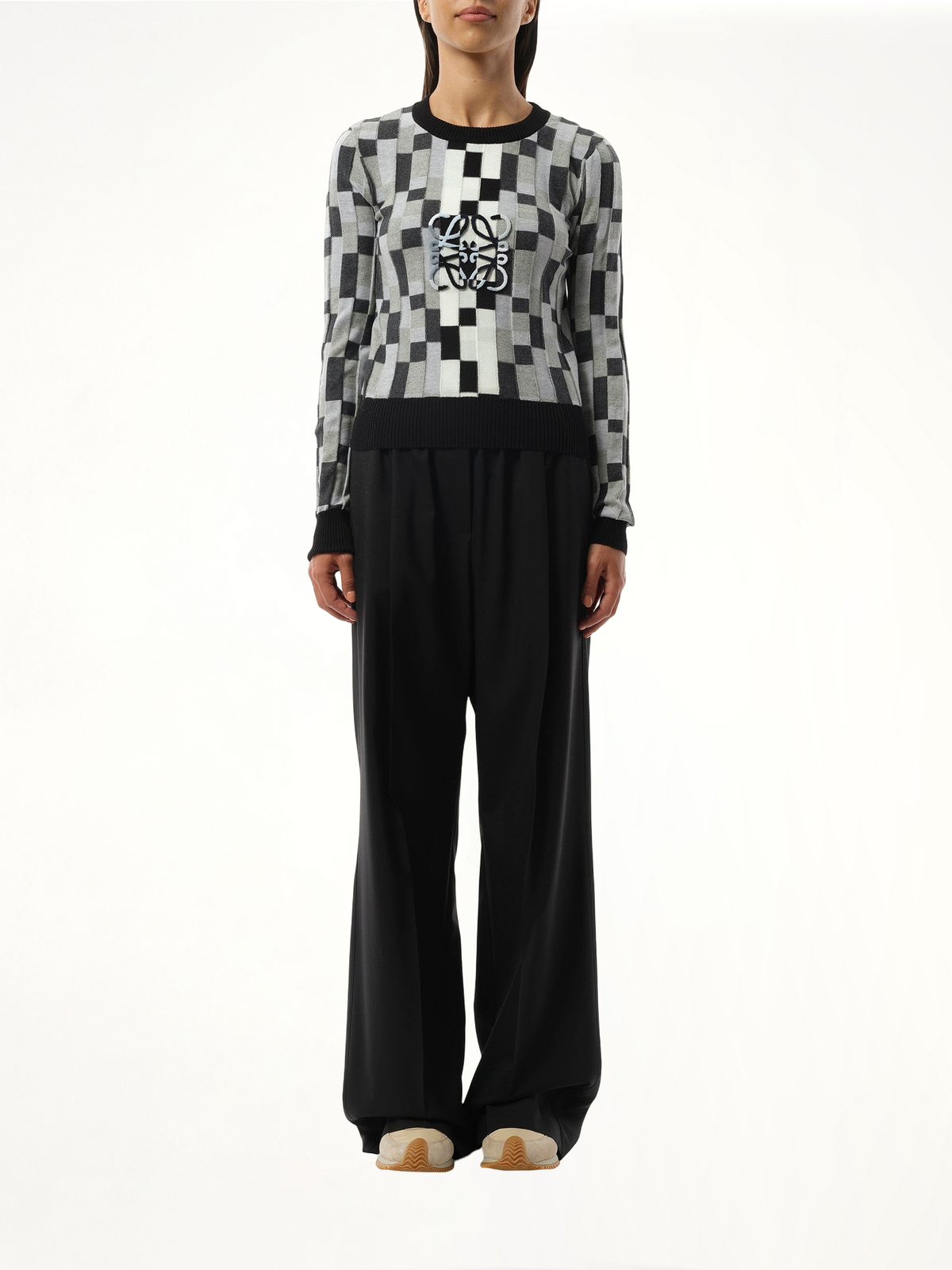 Intarsia Anagram Sweater in Grey/Light Grey