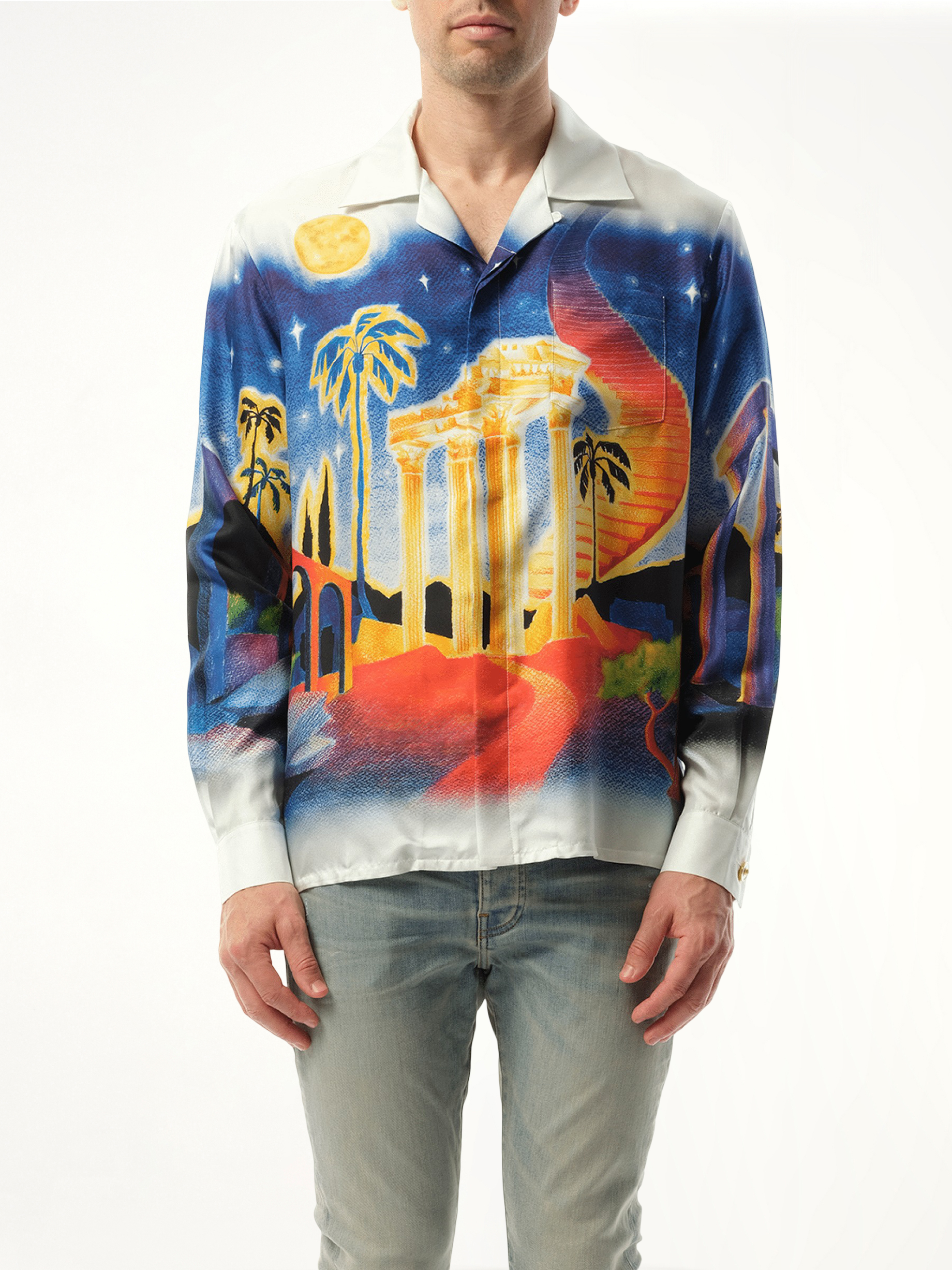 Long Sleeve Cuban Collar Shirt in Midnight Acropolis