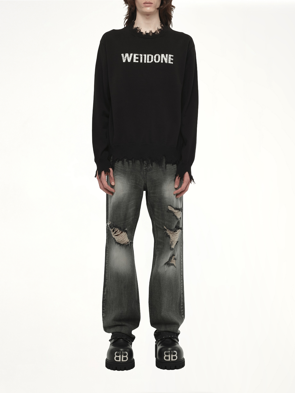 Grunge Rhinestone Logo Sweater in Black