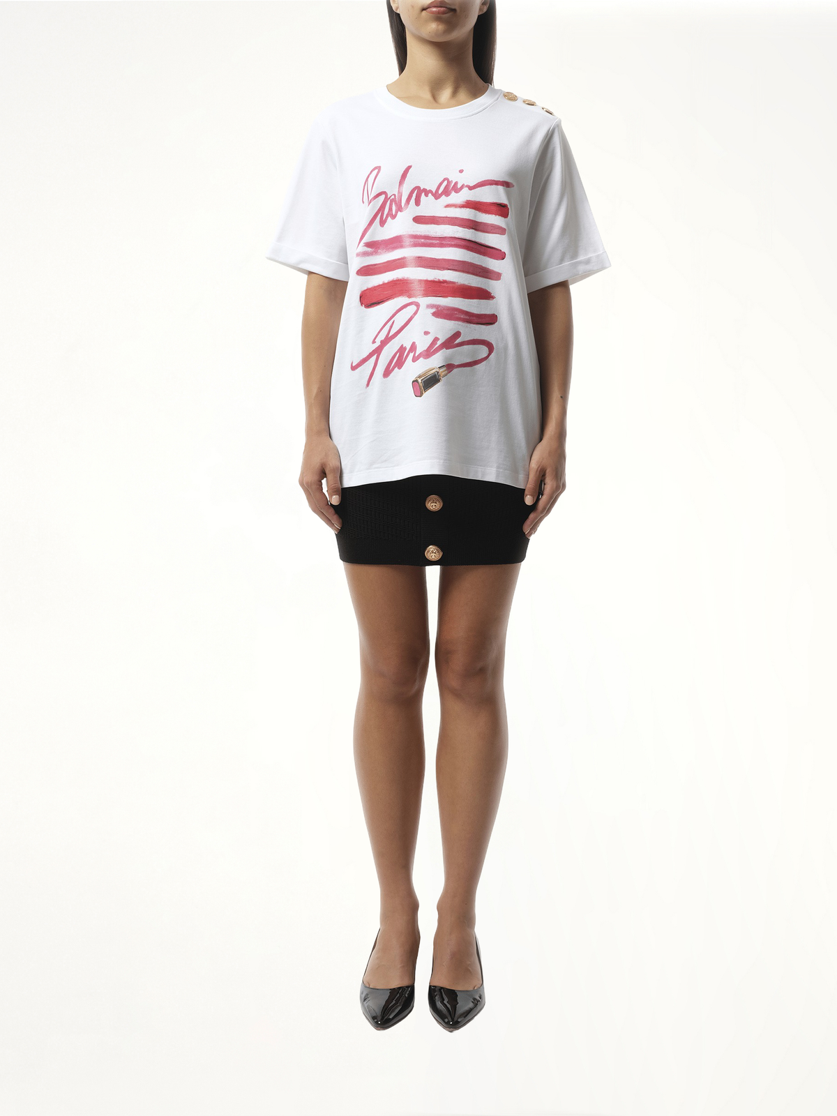 3 Btn Balmain Lipstick Print T-Shirt in White