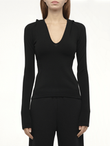 Hooded V-Neck Long Sleeve Top in Black