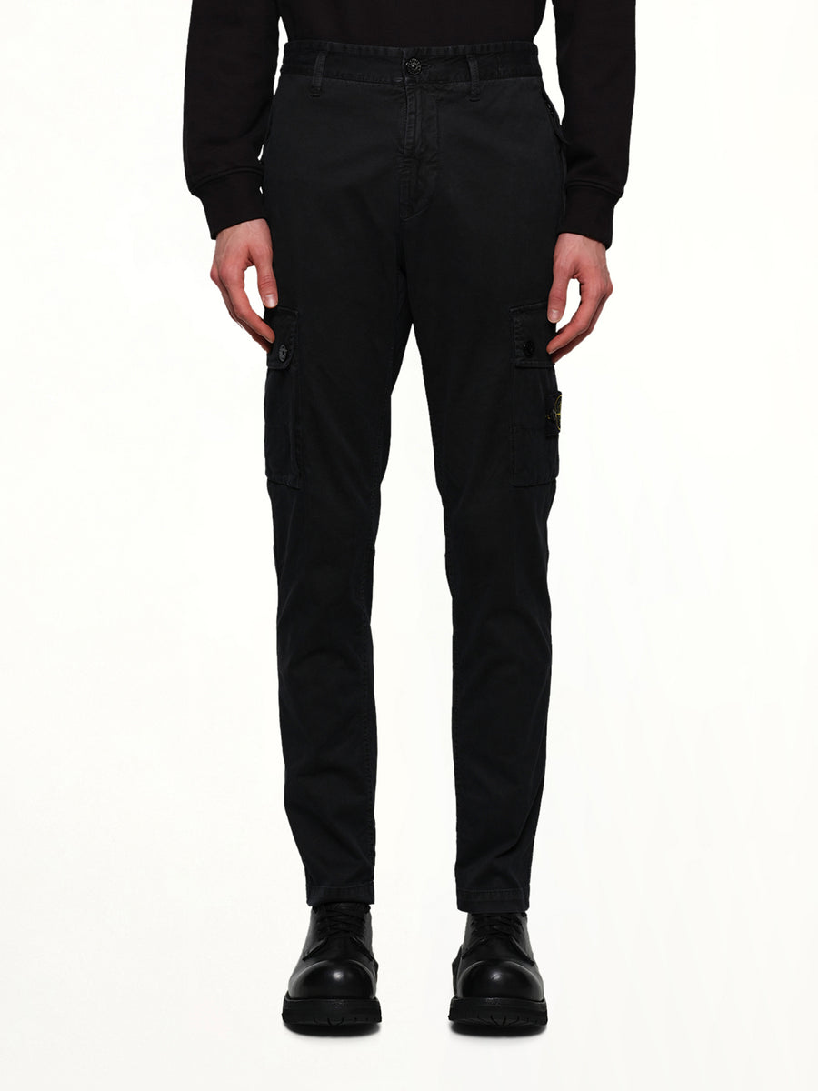 3100034 Stretch Organic Broken Twill Cotton 'Old' Effect Cargo Pants in Black