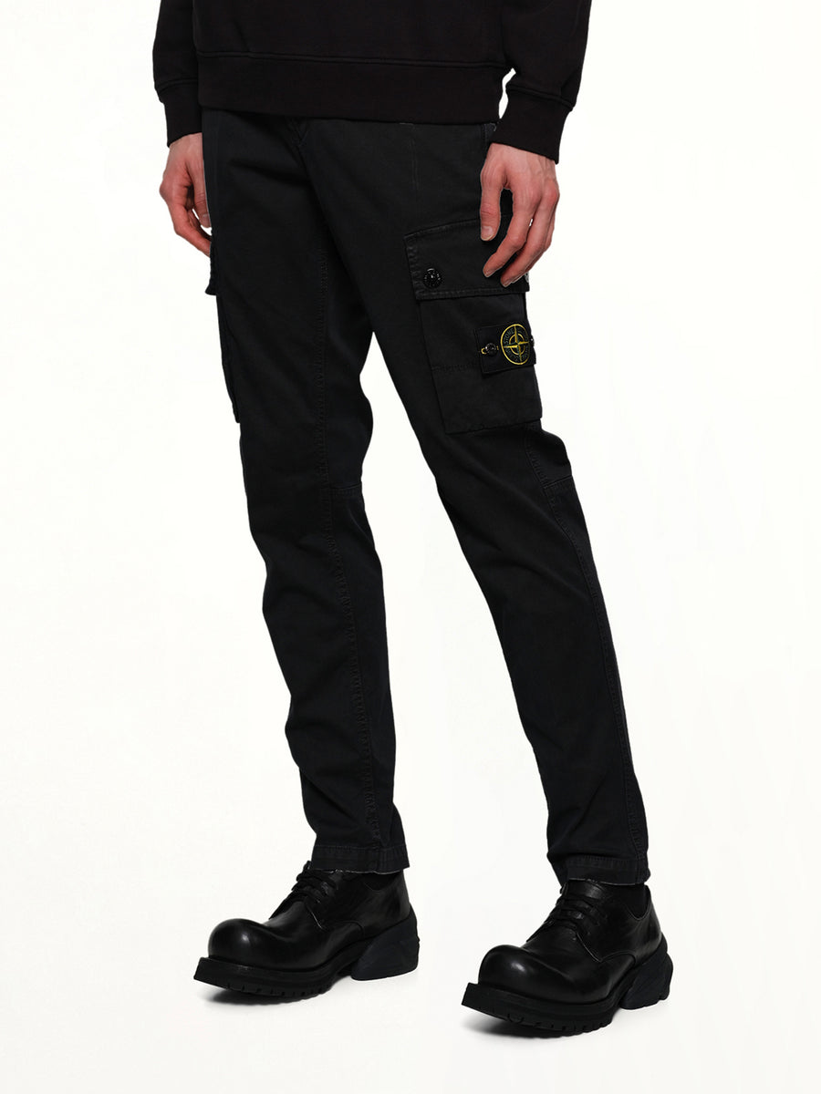3100034 Stretch Organic Broken Twill Cotton 'Old' Effect Cargo Pants in Black
