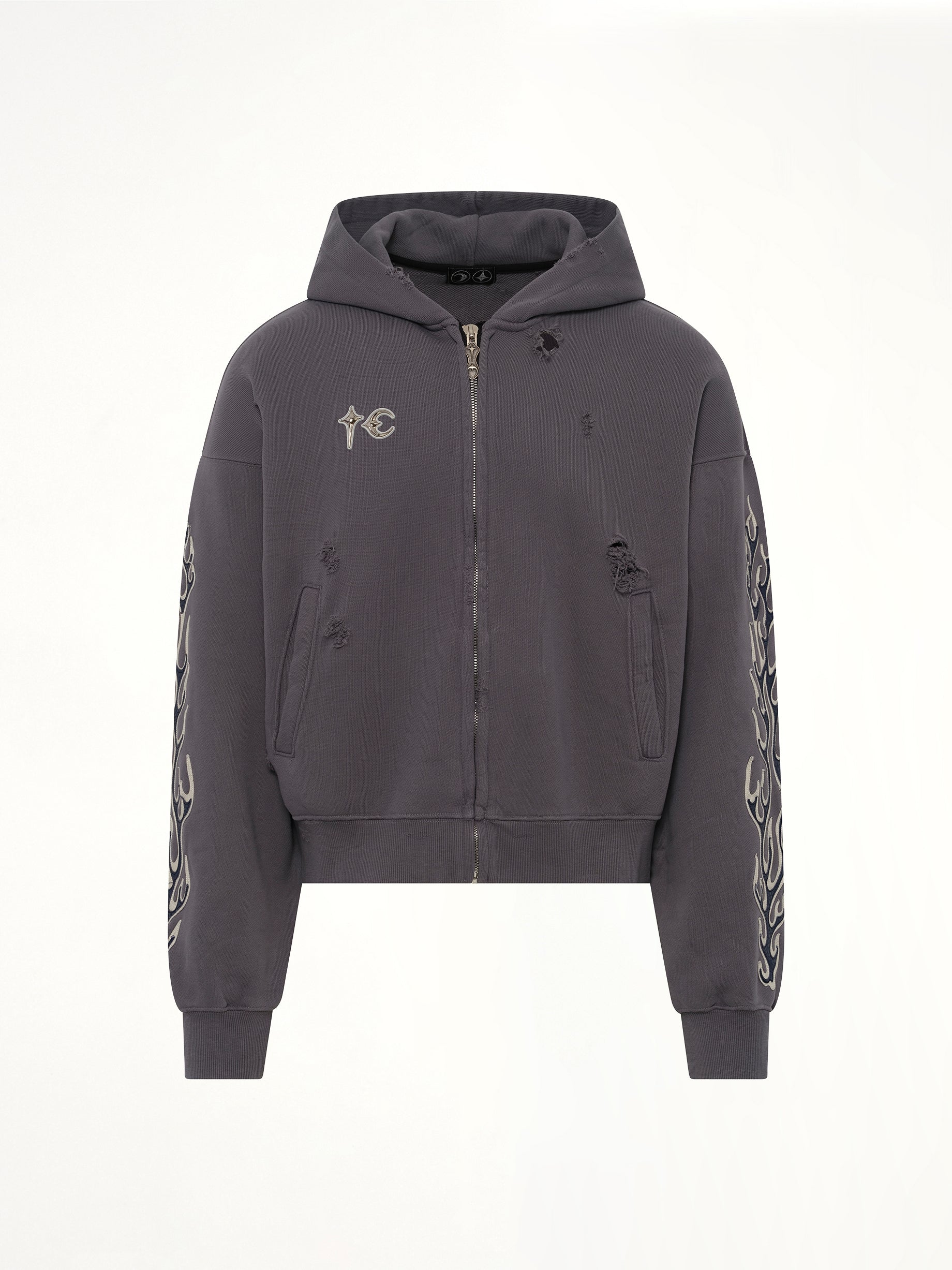 Leather Flame Hooded Zip-Up in Grey