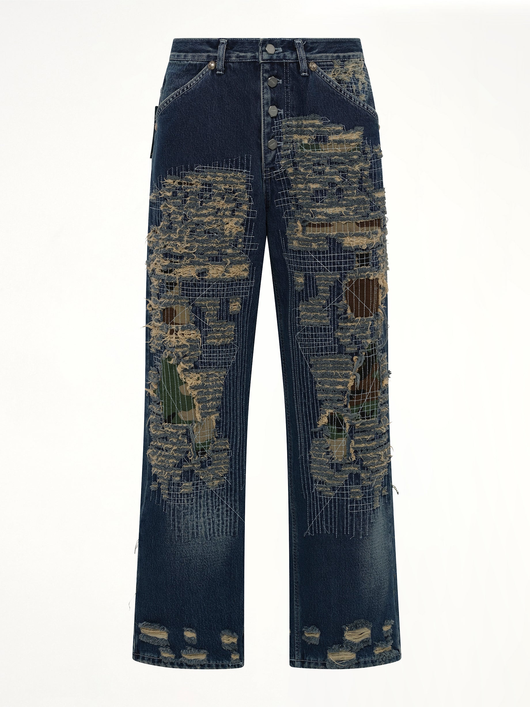 Vintage-Stitched Camo Denim Pants in Blue