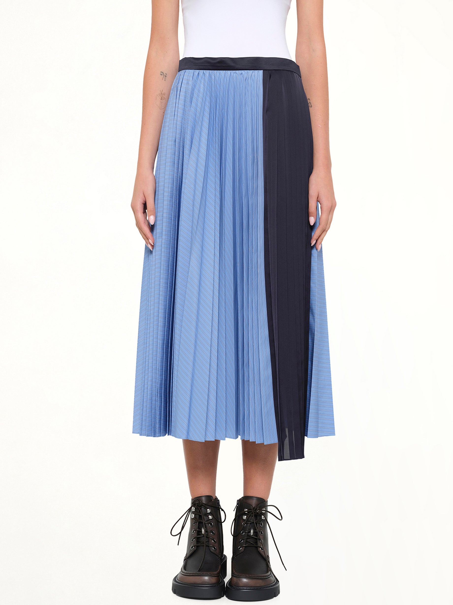 Poplin Pleat Skirt in Blue Stripe