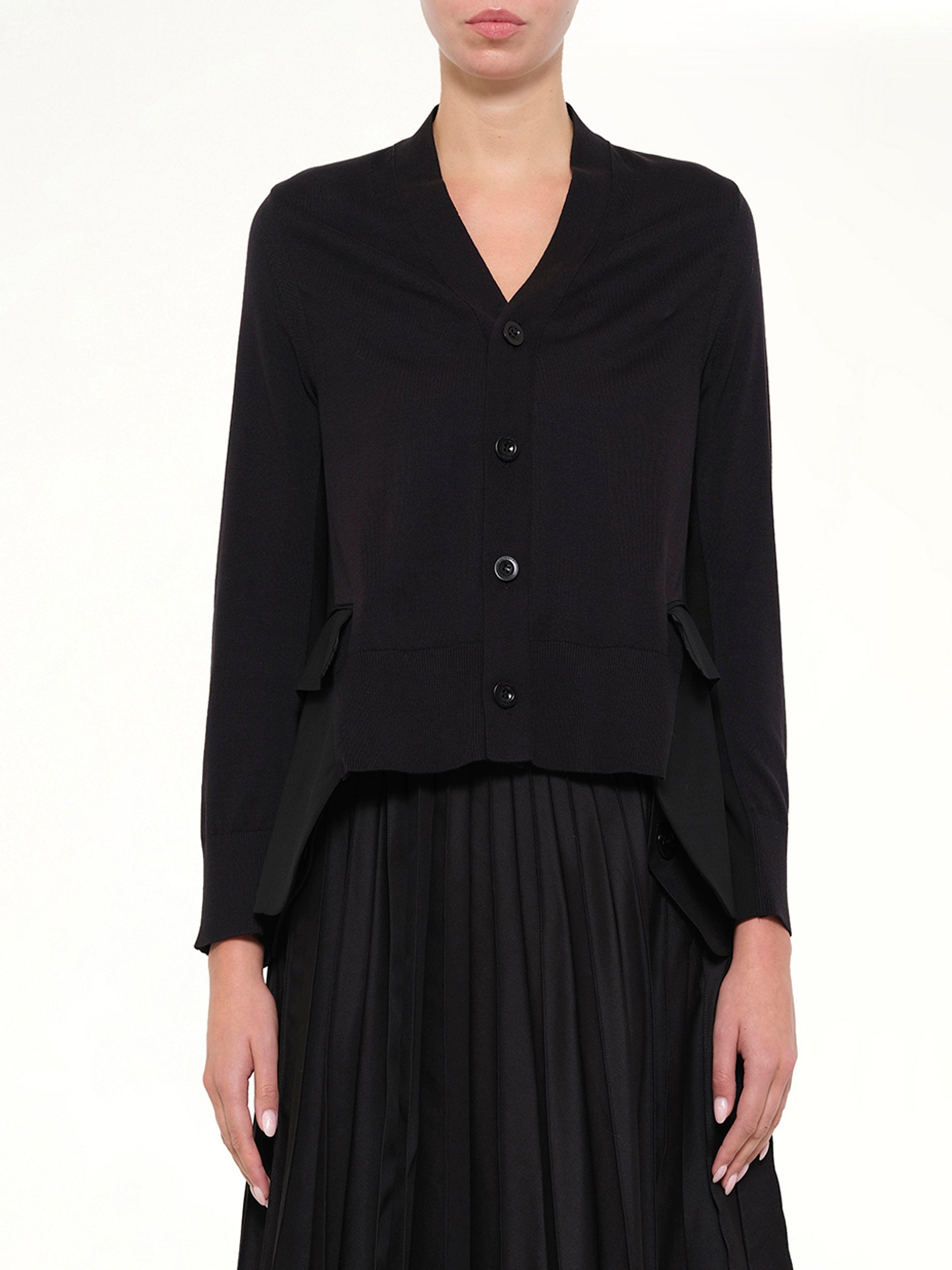 Wool Suiting x Cotton Knit Cardigan in Black