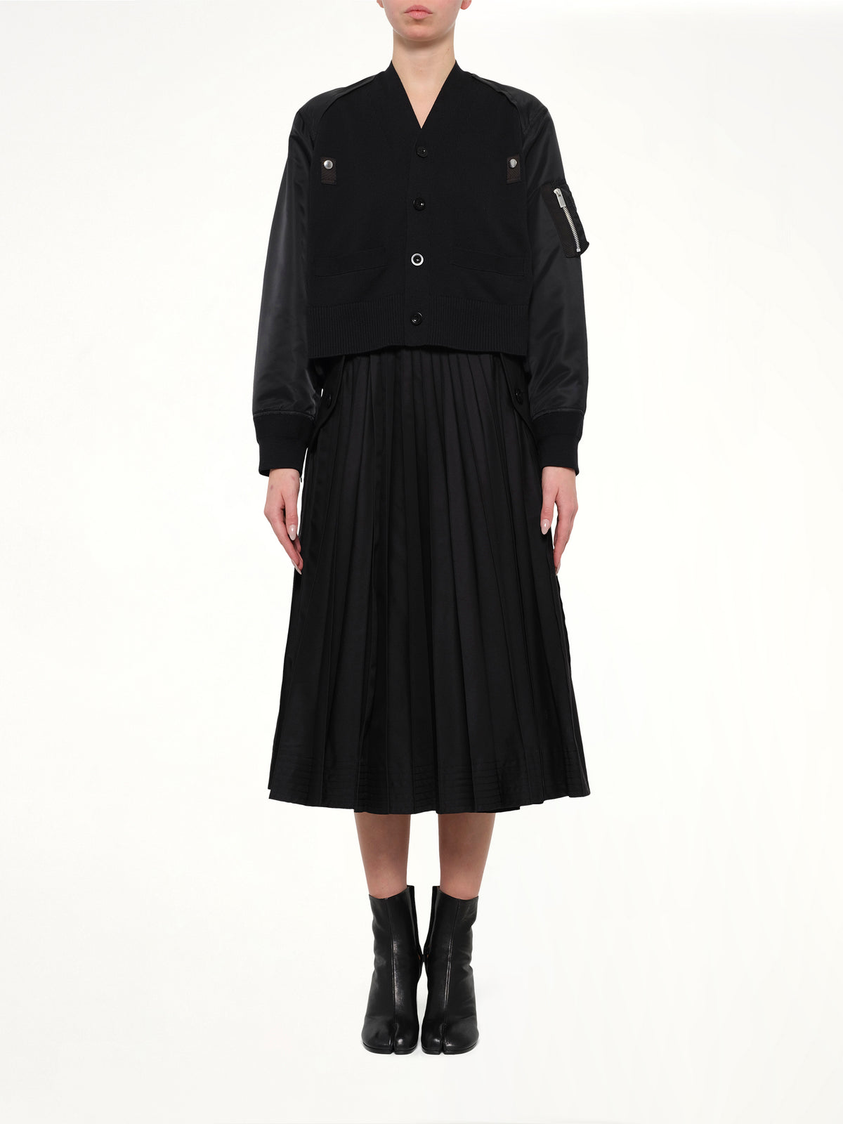 Nylon Twill x Cotton Knit Cardigan in Black