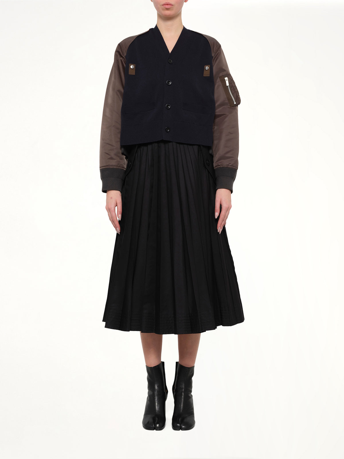 Nylon Twill x Cotton Knit Cardigan in Navy/Dark Khaki