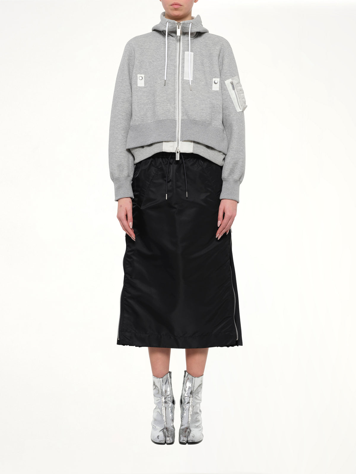 Layered Sponge Sweat x Nylon Twill Hoodie in Light Gray