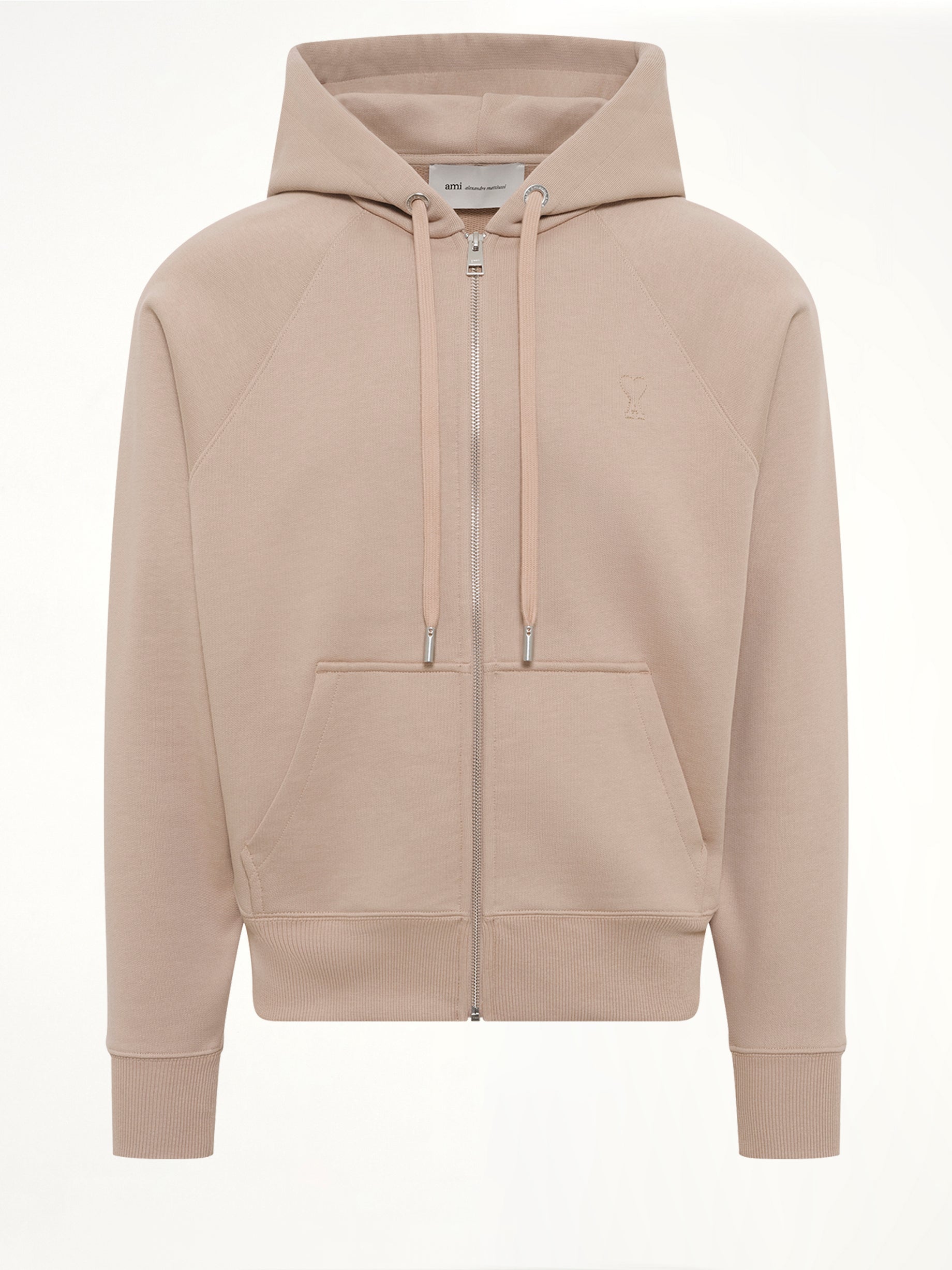 Embossed Ami De Coeur Zipped Hoodie in Beige