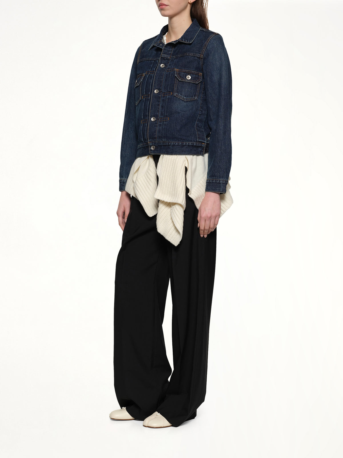 Denim x Wool Knit Jacket in Blue/Off White