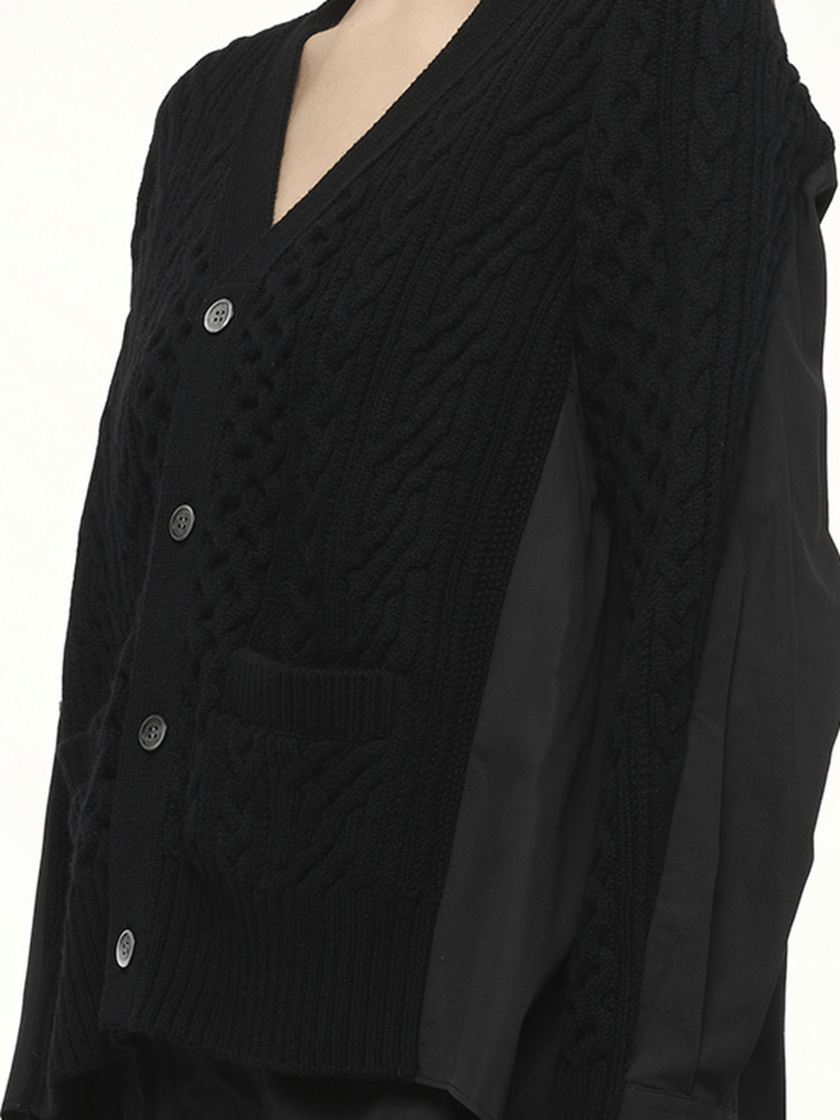 Wool Knit x Cotton Poplin Cardigan in Black/Black