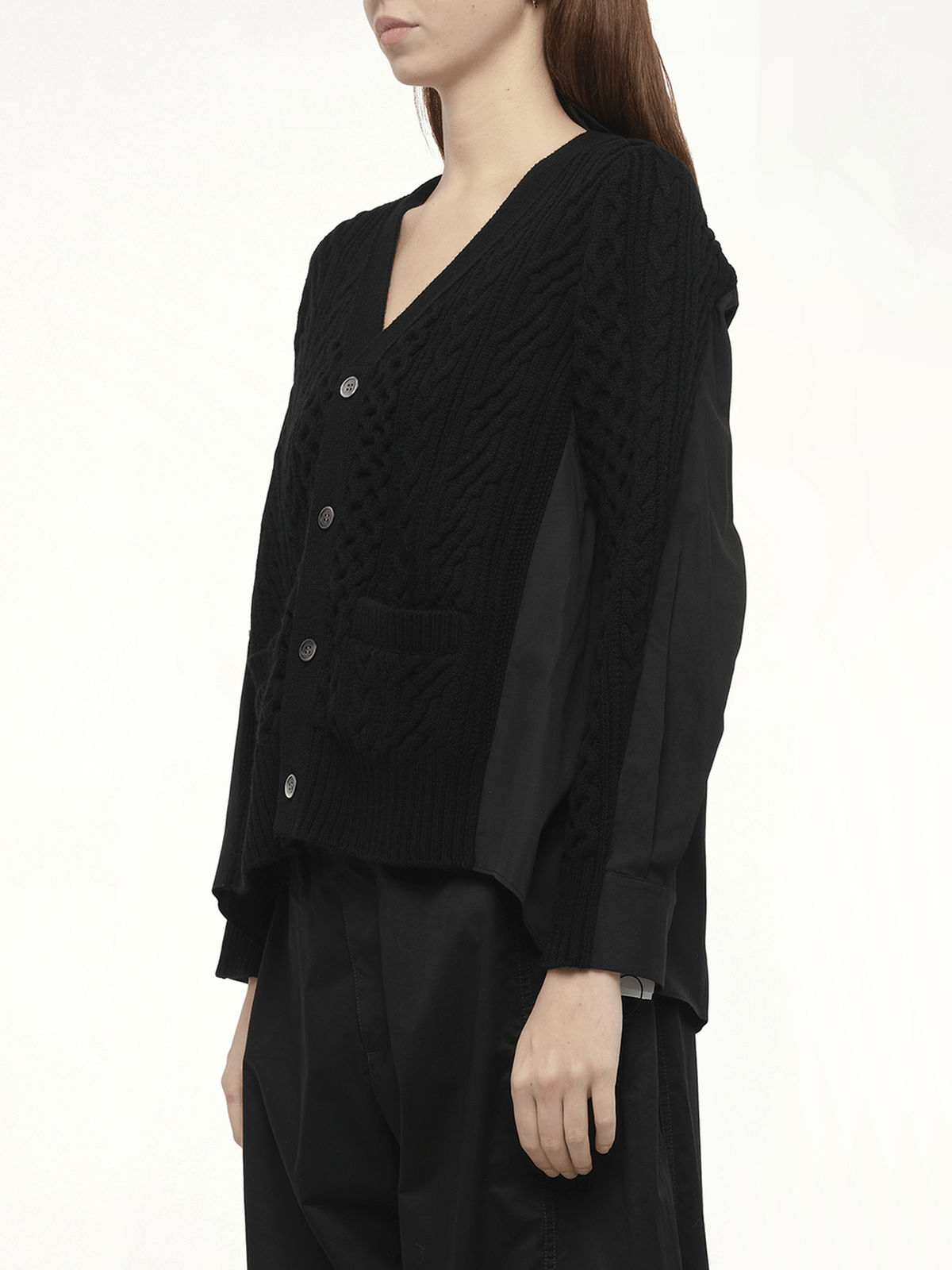 Wool Knit x Cotton Poplin Cardigan in Black/Black