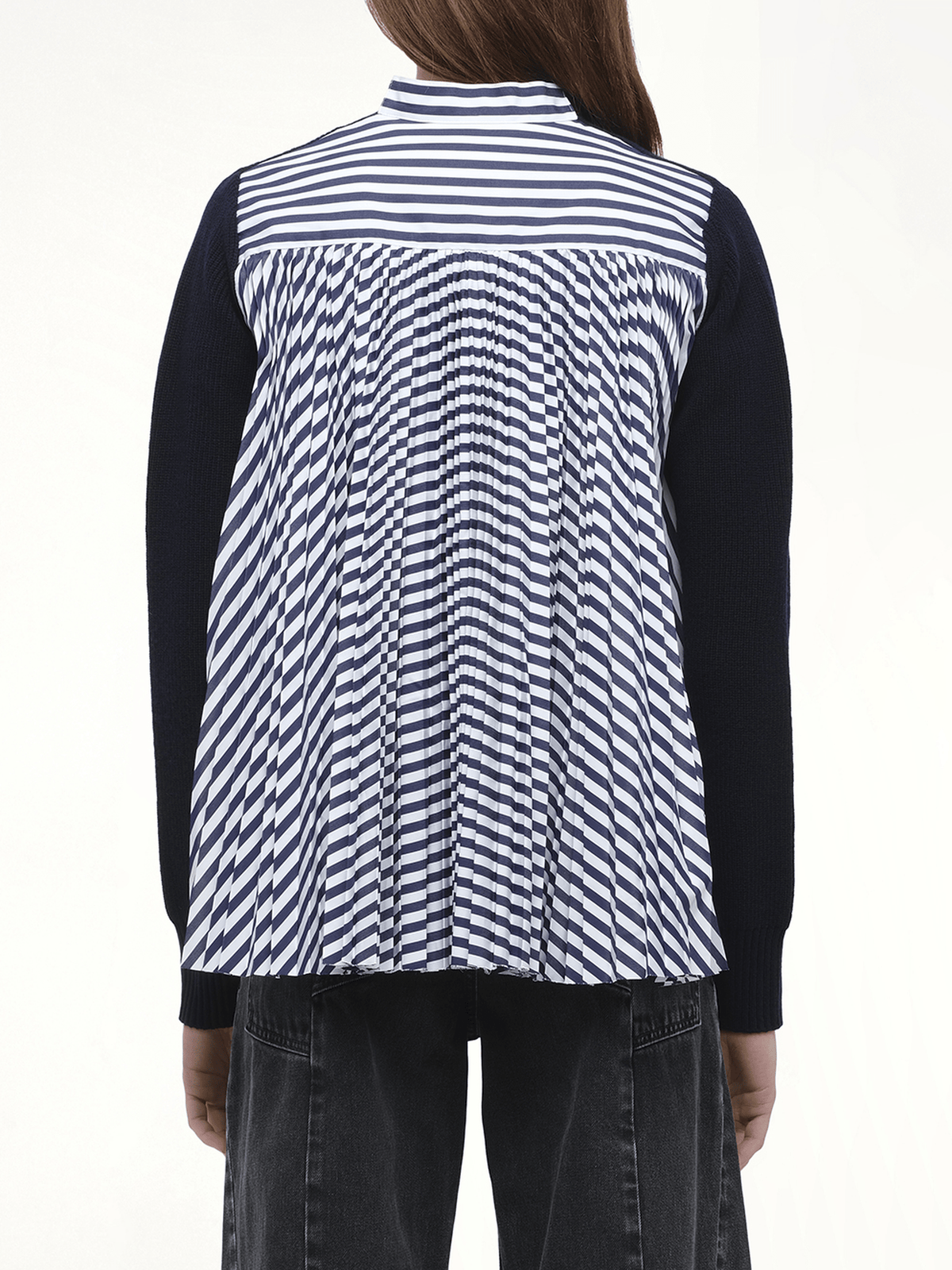 Wool Knit x Cotton Poplin Cardigan in Navy/NavyStripe