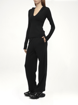 Hooded V-Neck Long Sleeve Top in Black