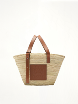 Medium Basket Bag in Palm Leaf and Calfskin in Natural/Tan