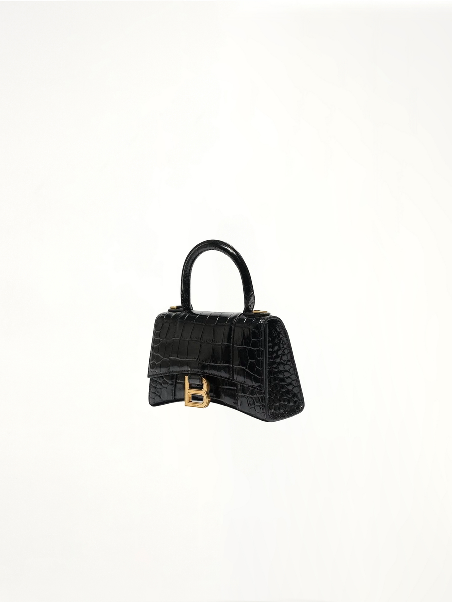 Hourglass XS Croco Embossed Bag in Black with Gold Plaque