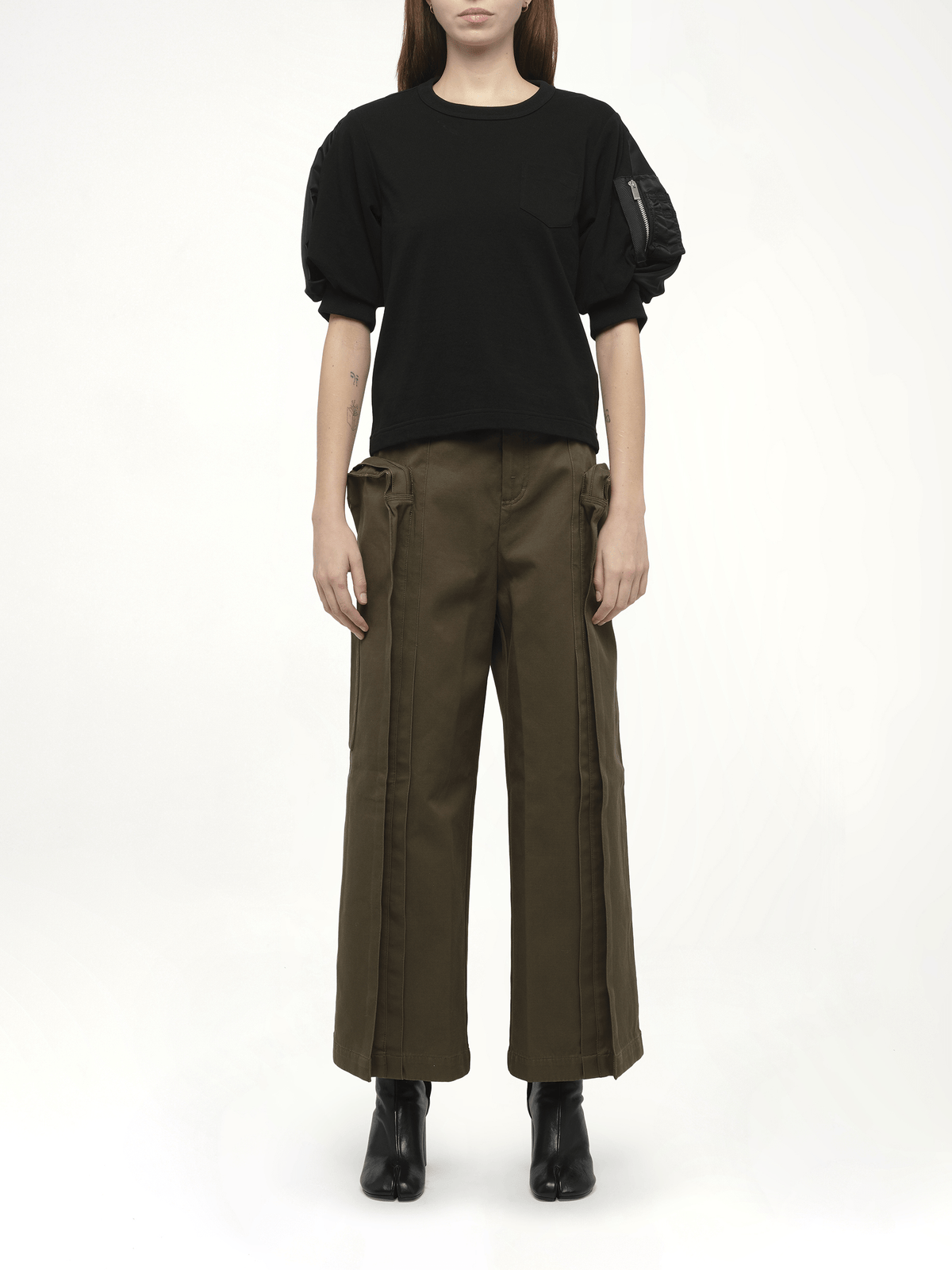Nylon Twill x Cotton Jersey T-Shirt in Black/Black