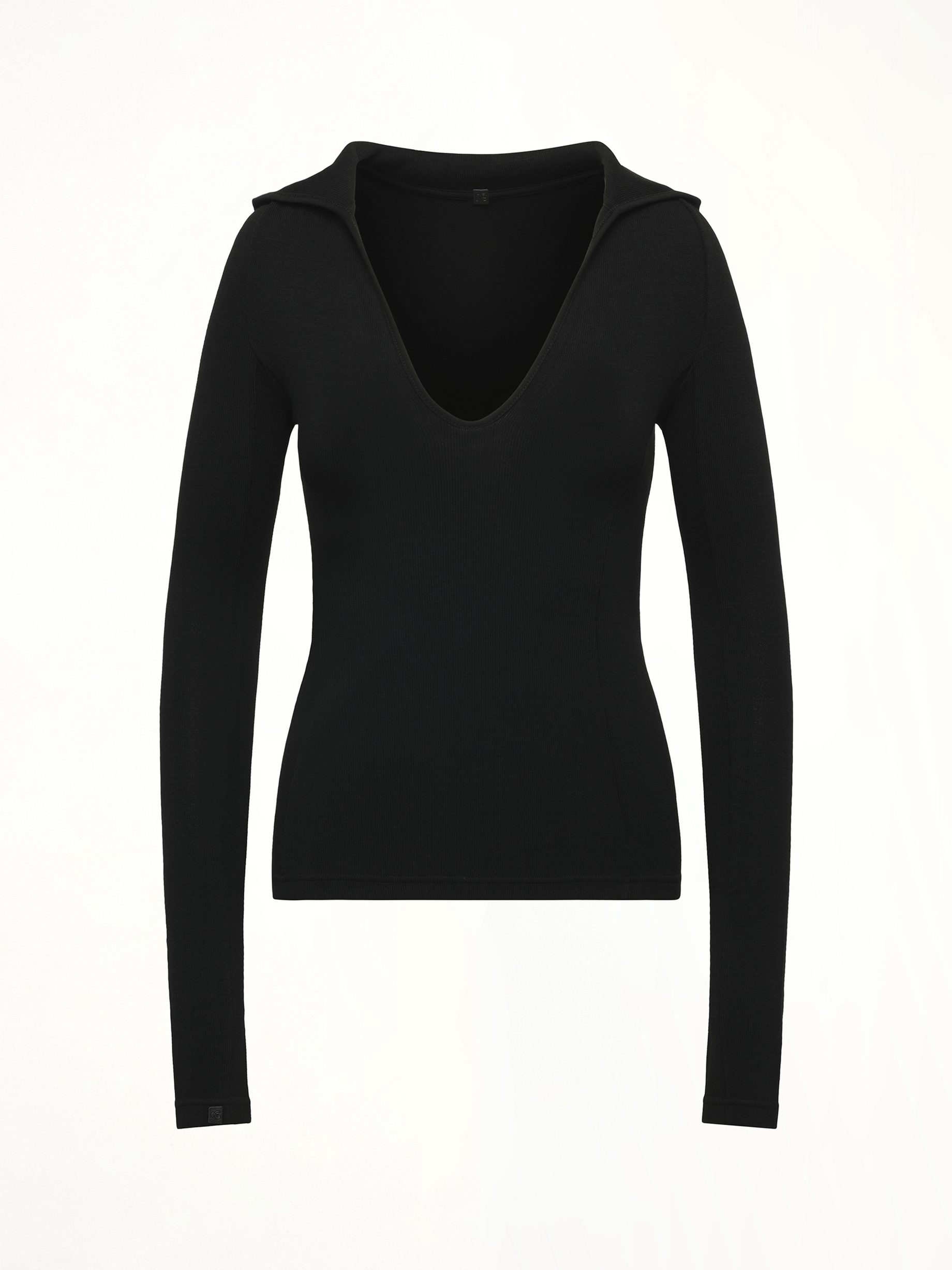 Hooded V-Neck Long Sleeve Top in Black