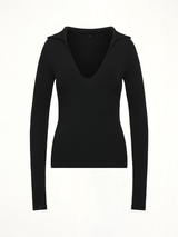 Hooded V-Neck Long Sleeve Top in Black