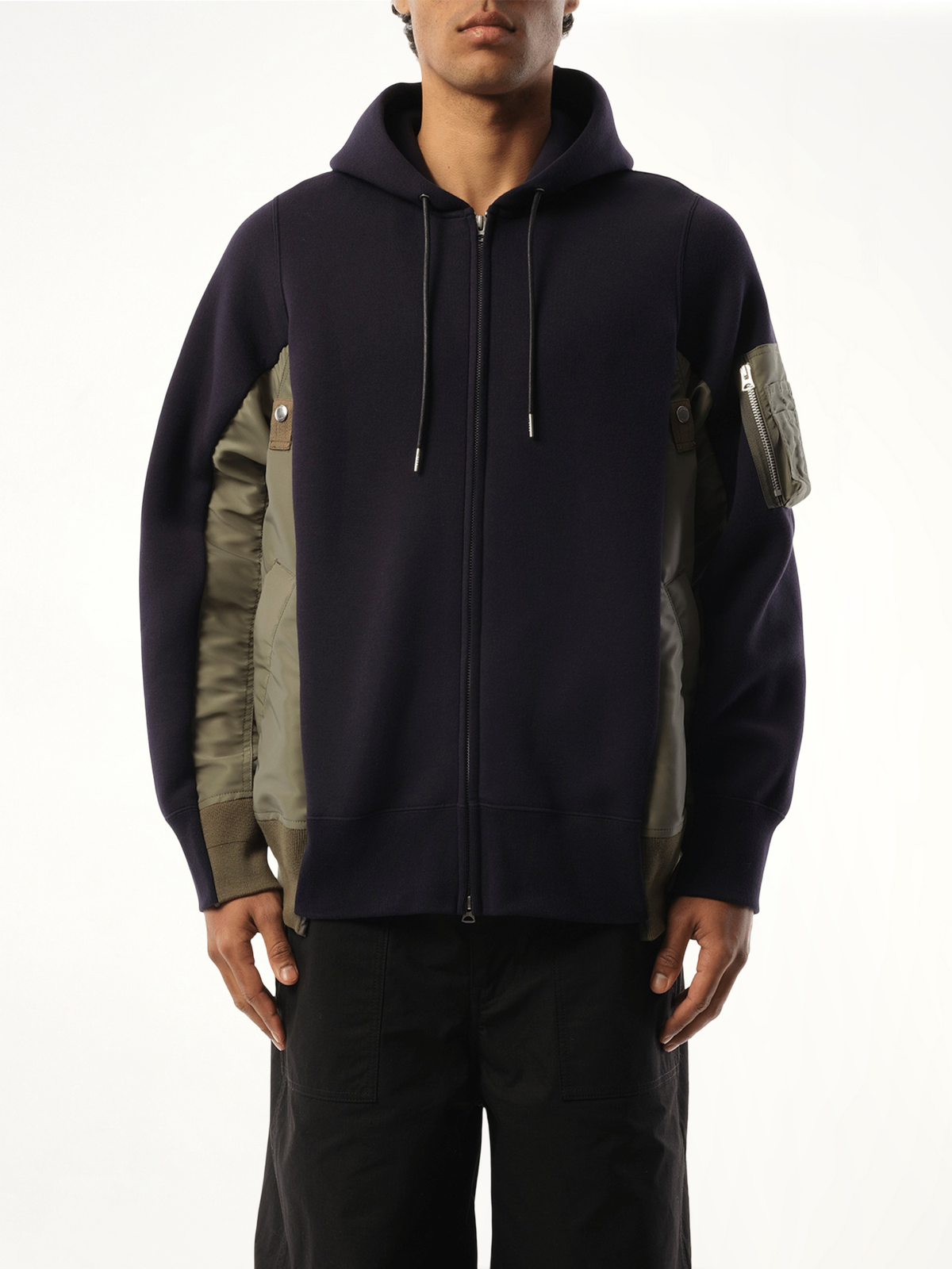 Sponge Sweat Nylon Twill Zip Hoodie in Navy/Khaki