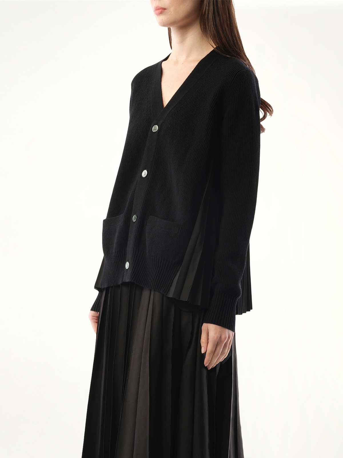 Wool Knit x Cotton Poplin Cardigan in Black