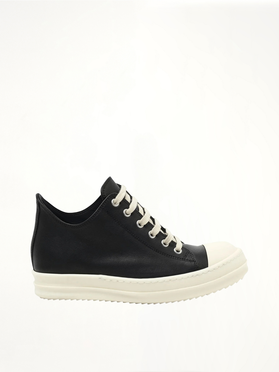 Washed Calf Low Sneaks in Black/Milk Side View | RICK OWENS