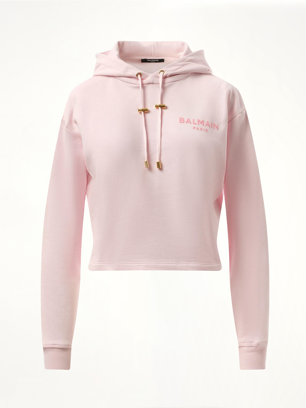 Balmain Flock Detail Cropped Hoodie in Pink