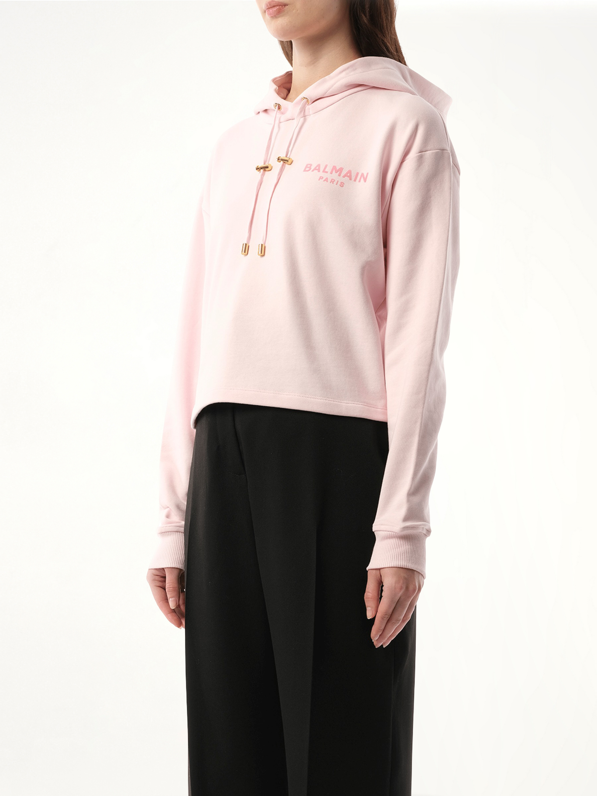 Balmain Flock Detail Cropped Hoodie in Pink