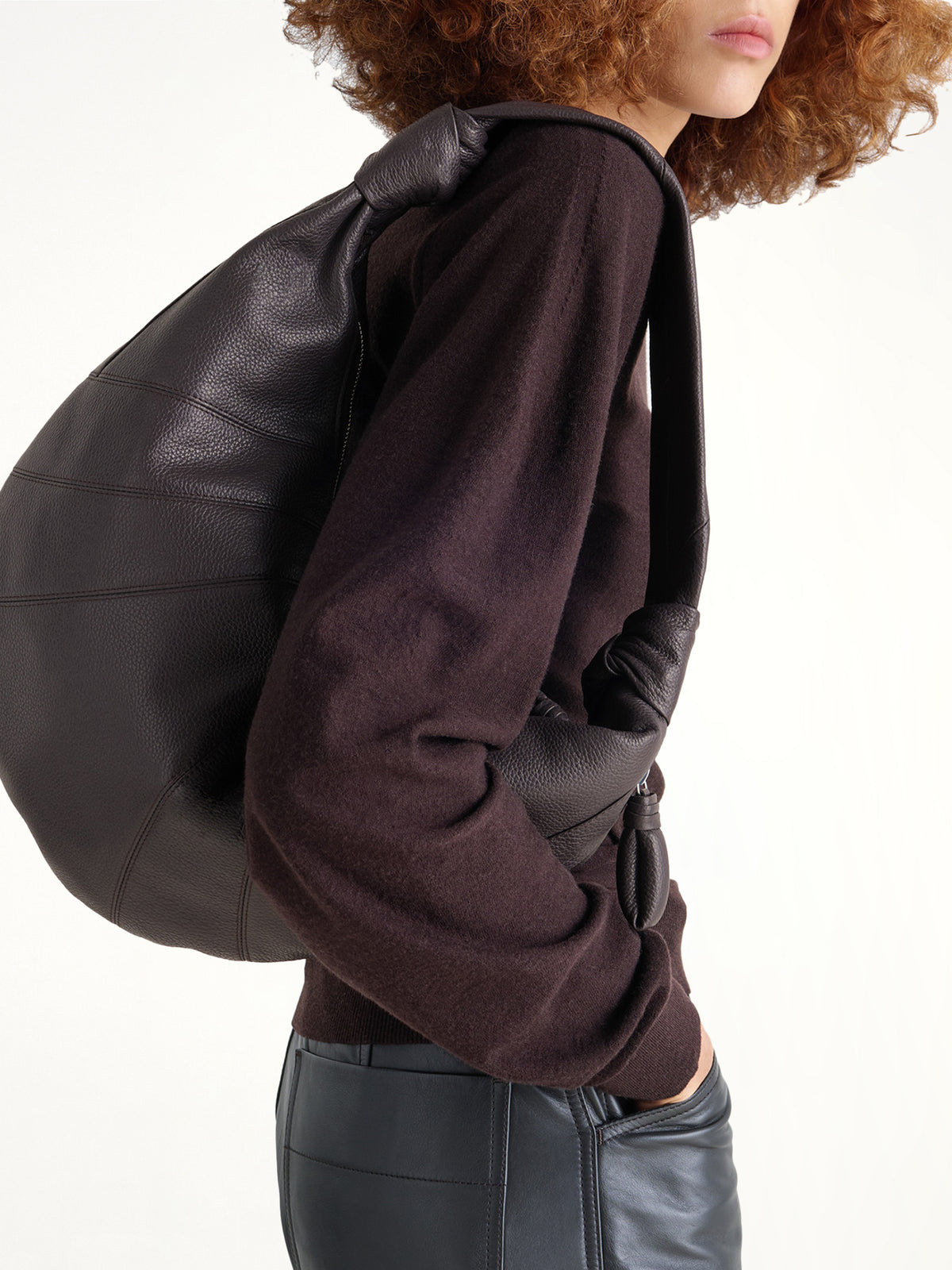 Fortune Croissant Grained Leather Bag in Dark Chocolate