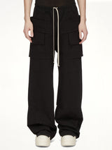 Cotton Twill Creatch Wide Cargo Drawstring Pants in Black