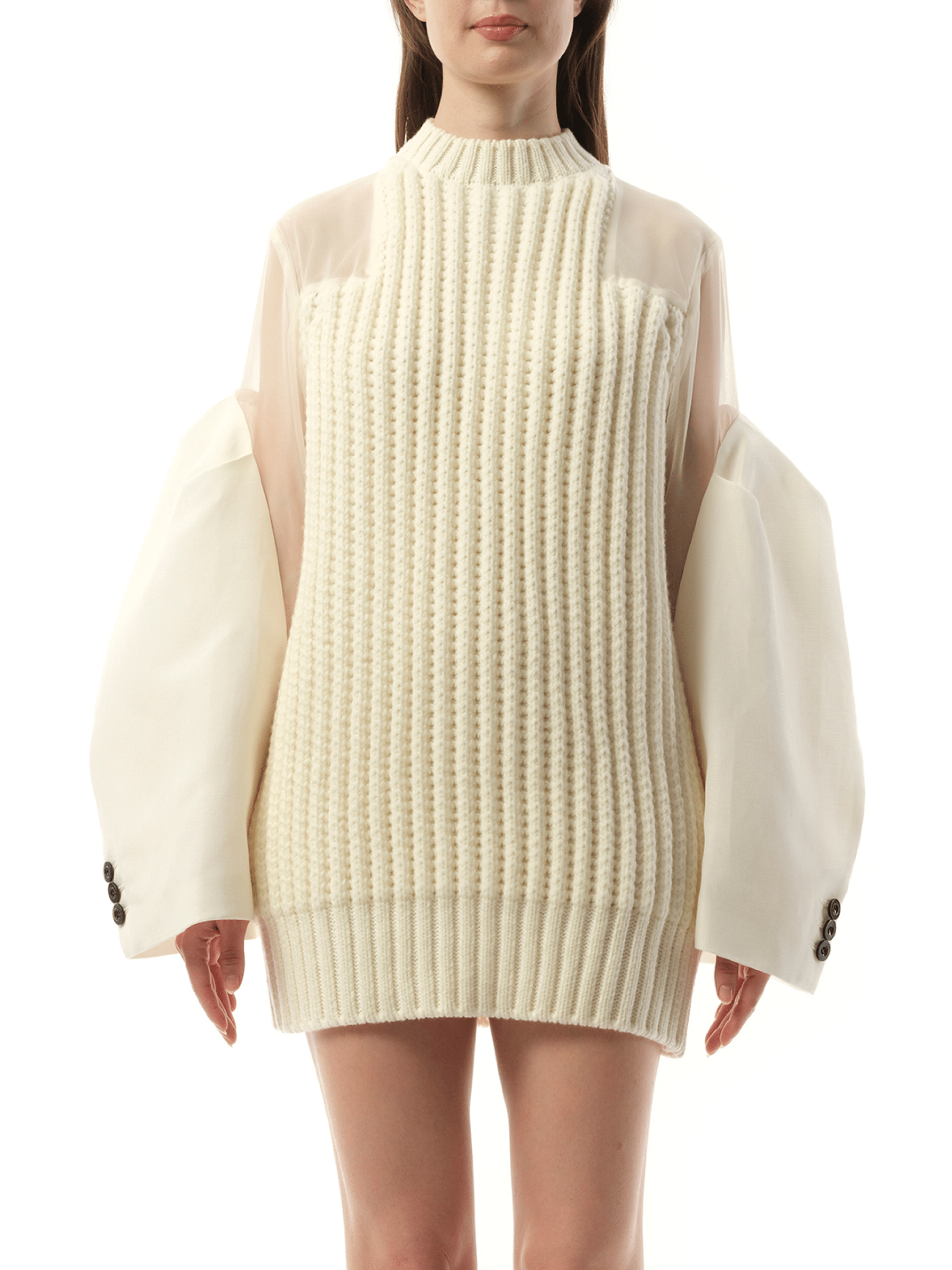 Silk Chiffon Mix Knit Dress in Off White