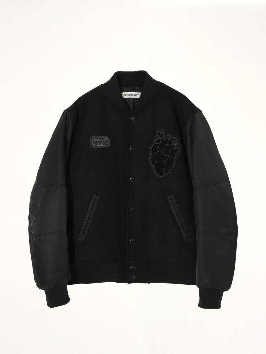 Heart Embroidery Varsity Jacket in Black