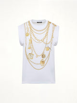 Trompe L'Oeil Necklace Print Tank Top in White/Gold