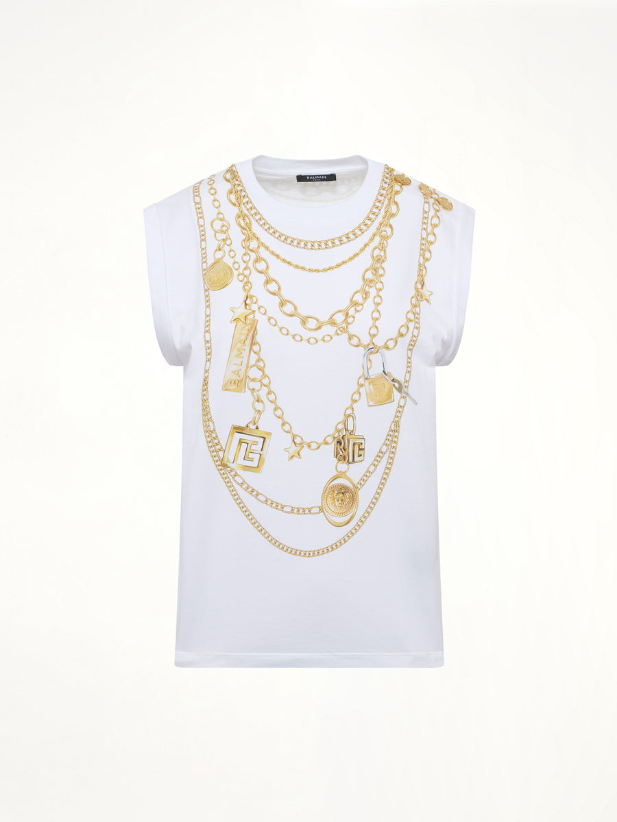 Trompe L'Oeil Necklace Print Tank Top in White/Gold