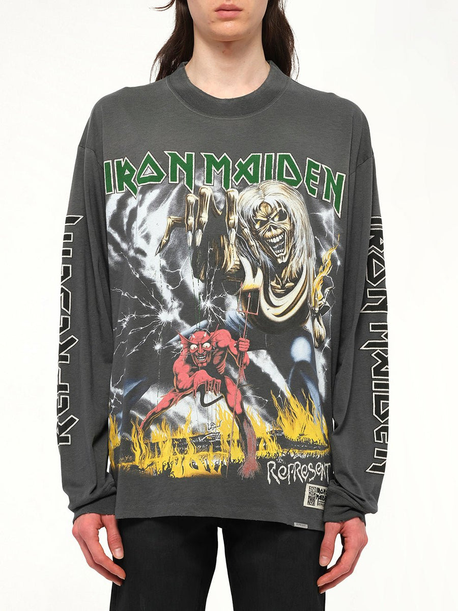 Iron Maiden Number of the Beast Long Sleeve T-Shirt in Sunfade Grey