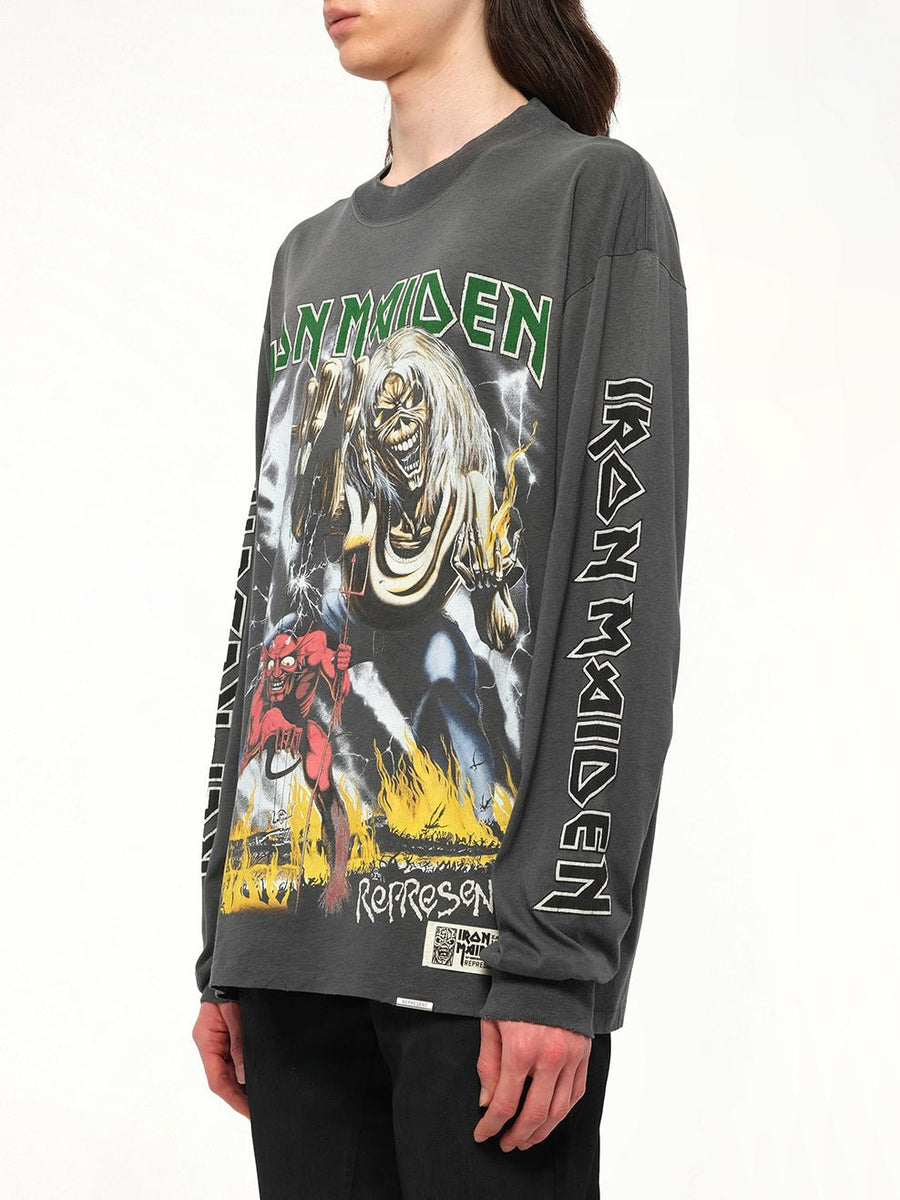 Iron Maiden Number of the Beast Long Sleeve T-Shirt in Sunfade Grey