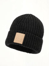 Leather Patch Beanie in Black