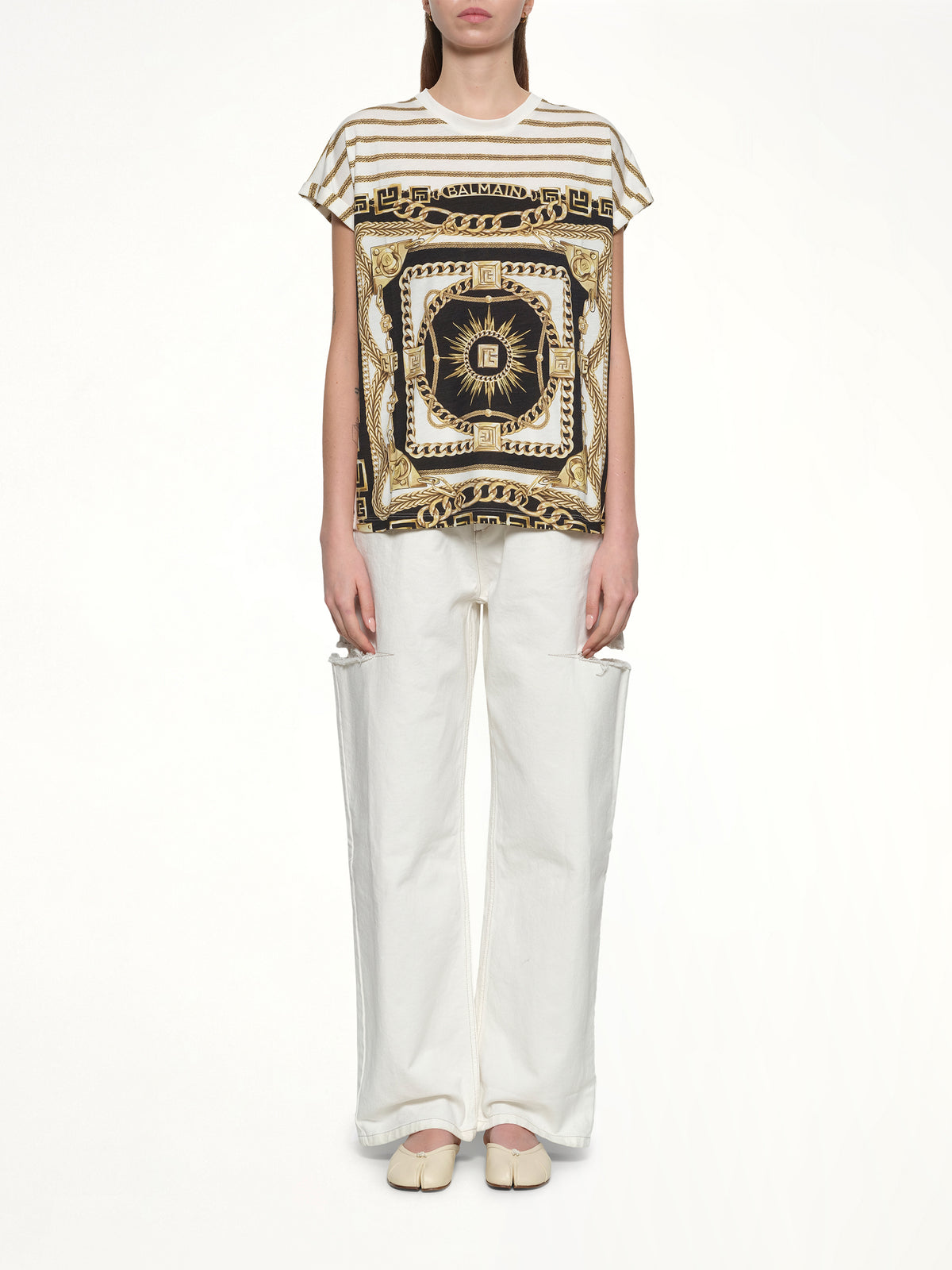 3 BTNS Foulard Print T-Shirt in White/Black/Gold