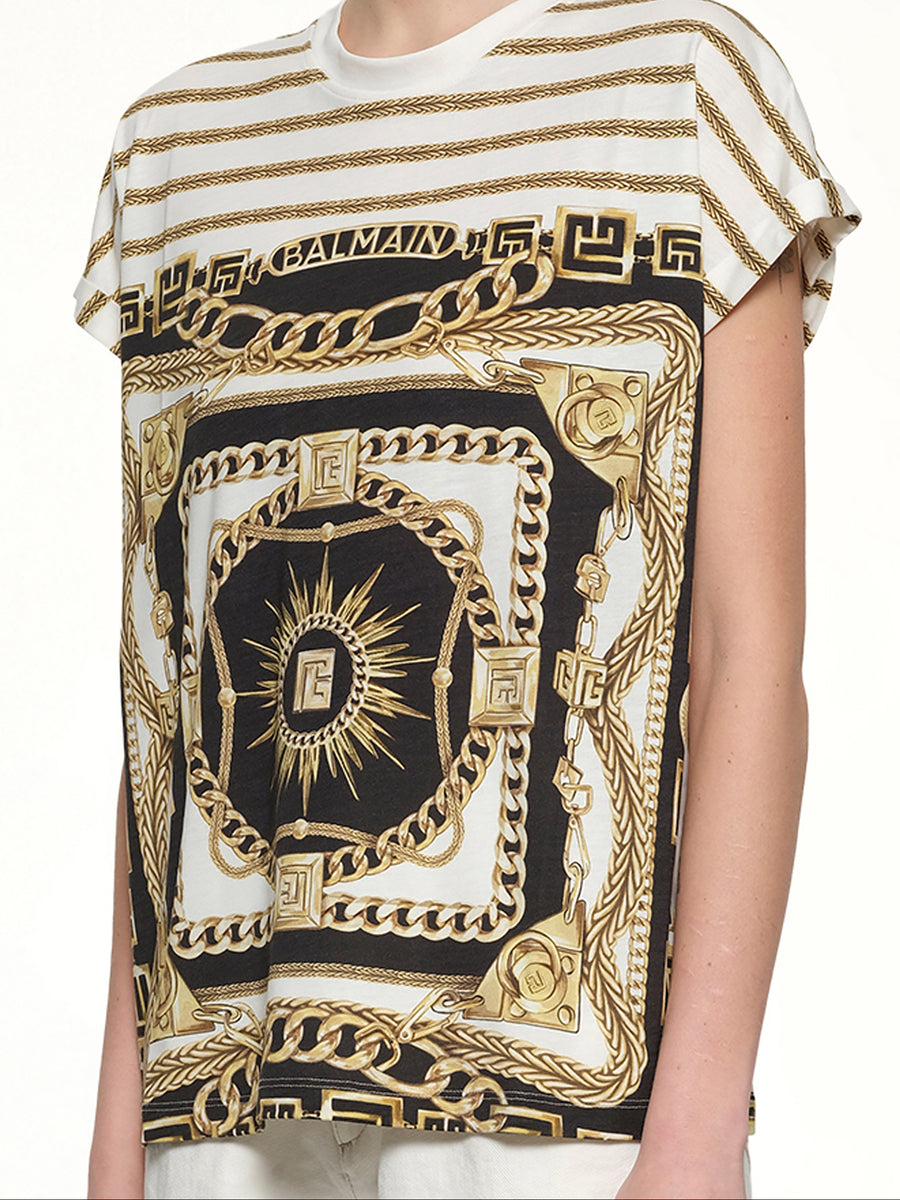 3 BTNS Foulard Print T-Shirt in White/Black/Gold