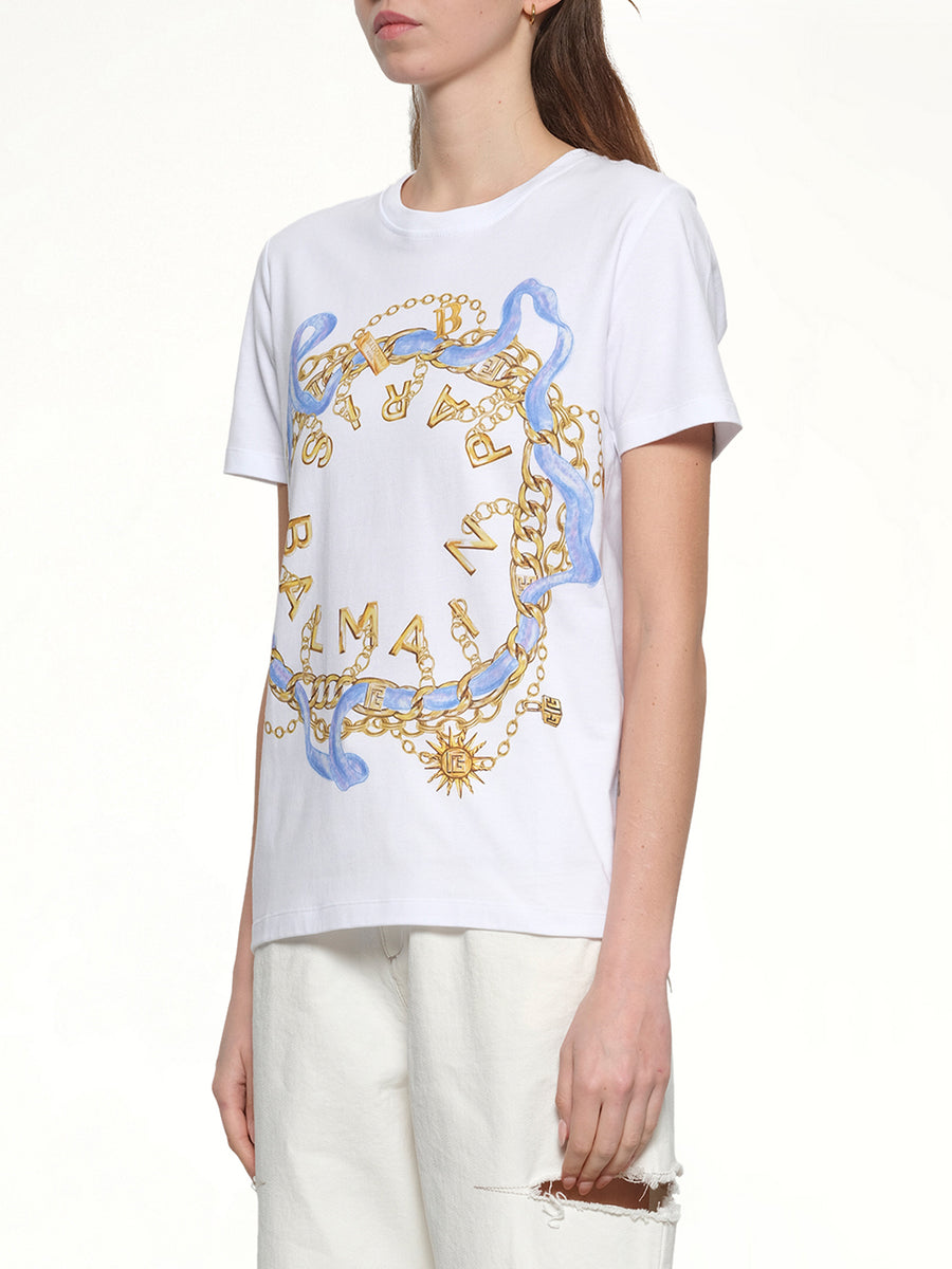 Balmain Paris Chain T-Shirt in White/Blue/Gold