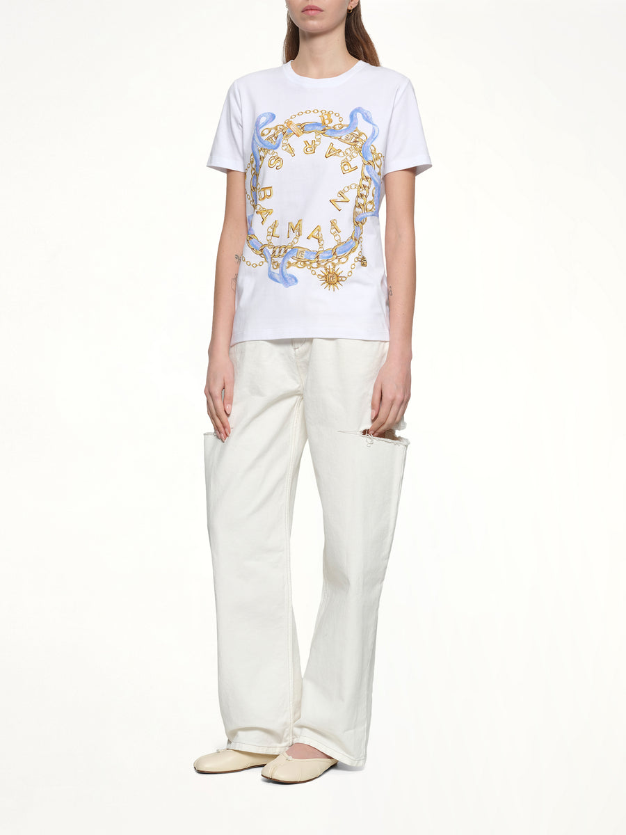 Balmain Paris Chain T-Shirt in White/Blue/Gold